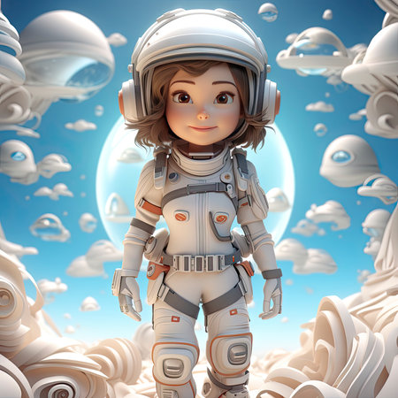 Childlike Cartoon-Style Astronaut Isolated on a White Backgroundの素材