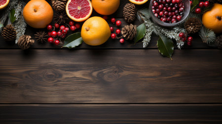 Nature's Bounty: Fresh and Vibrant Assortment of Fruits and Spices on Wooden Backdropの素材