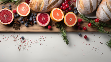 Nature's Bounty: Fresh and Vibrant Assortment of Fruits and Spices on Wooden Backdropの素材