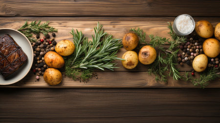 Nature's Bounty: Fresh and Vibrant Assortment of Fruits and Spices on Wooden Backdropの素材