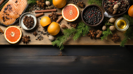 Nature's Bounty: Fresh and Vibrant Assortment of Fruits and Spices on Wooden Backdropの素材