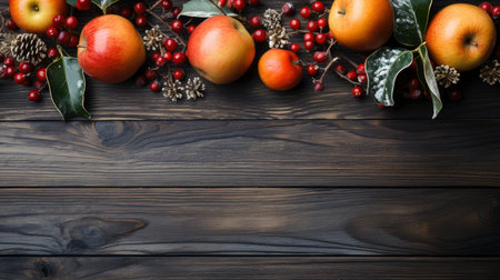 Nature's Bounty: Fresh and Vibrant Assortment of Fruits and Spices on Wooden Backdropの素材