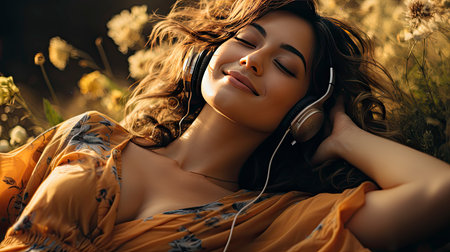 Serenity in Sound: Woman Enjoying Music in Nature's Embraceの素材