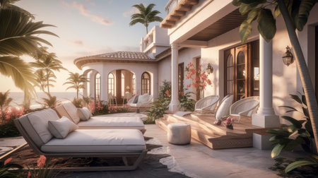 Luxurious Twilight Retreat: Serene Poolside Ambiance in a Modern Villaの素材