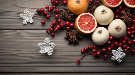 Festive Winter Citrus and Pine - Fresh Oranges with Pine Cones on Rustic Wooden Background for Holiday Decorの素材