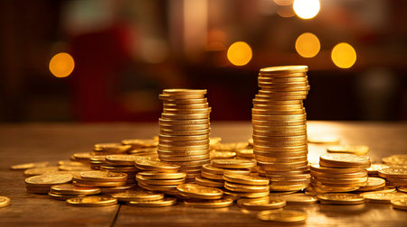 Lustrous Gold Coin Stacks on Wooden Surface Illuminated by Warm Light - Wealth, Savings, and Investment Conceptの素材