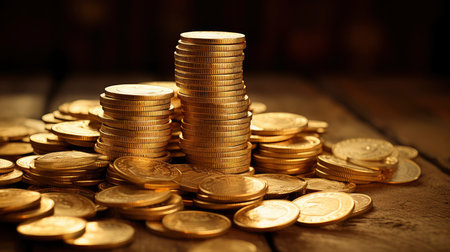 Lustrous Gold Coin Stacks on Wooden Surface Illuminated by Warm Light - Wealth, Savings, and Investment Conceptの素材