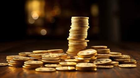 Lustrous Gold Coin Stacks on Wooden Surface Illuminated by Warm Light - Wealth, Savings, and Investment Conceptの素材