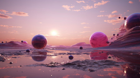 Enchanted Pink Forest and Floating Spheres: A Dreamy Fantasy Landscapeの素材