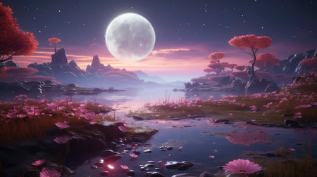 Enchanted Pink Forest and Floating Spheres: A Dreamy Fantasy Landscapeの素材