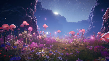 Enchanted Pink Forest and Floating Spheres: A Dreamy Fantasy Landscapeの素材