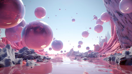 Enchanted Pink Forest and Floating Spheres: A Dreamy Fantasy Landscapeの素材