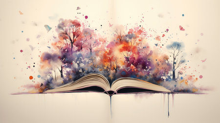 Imaginative Autumn and Spring Tale - A Storybook Spreading Seasonal Colors into the Airの素材