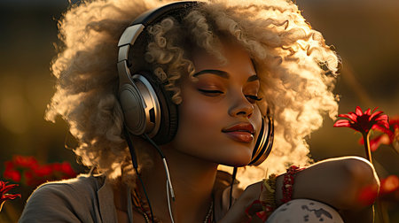 Golden Hour Bliss: A Curly-Haired Woman in Floral Euphoria, Immersed in Music Surrounded by Poppiesの素材