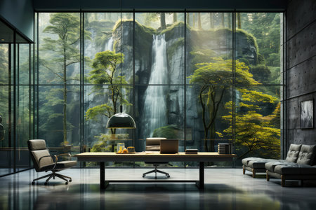 A Stylish Conference Room Overlooking a Lush Forest, Bathed in Natural Lightの素材
