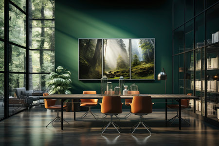 A Stylish Conference Room Overlooking a Lush Forest, Bathed in Natural Lightの素材