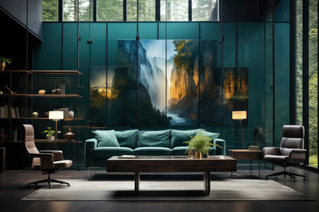 A Stylish Conference Room Overlooking a Lush Forest, Bathed in Natural Lightの素材