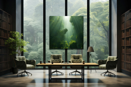 A Stylish Conference Room Overlooking a Lush Forest, Bathed in Natural Lightの素材