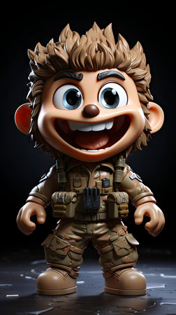 Cheerful Camouflage Adventure: Joyful Animated Young Soldier in Military Gear with a Big Smile and Lively Spiritの素材