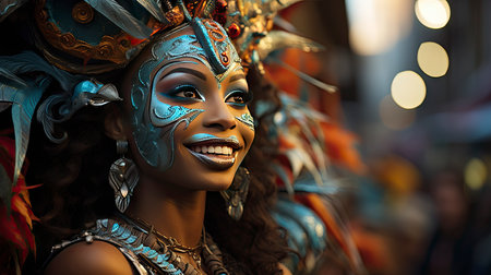 Lets dance all our troubles away. Cropped shot of beautiful samba dancers performing in a carnival with their band.の素材