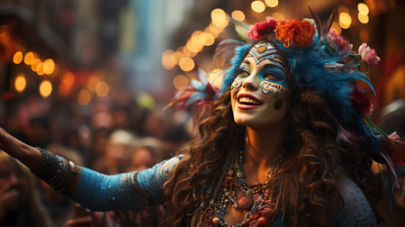 Lets dance all our troubles away. Cropped shot of beautiful samba dancers performing in a carnival with their band.の素材