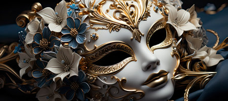 Beautiful young woman in mysterious golden Venetian maskの素材