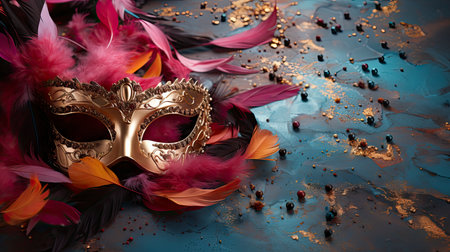 Elegance and Mystery: A Venetian Masquerade with Luxurious Golden Mask and Exquisite Floral Embellishmentsの素材