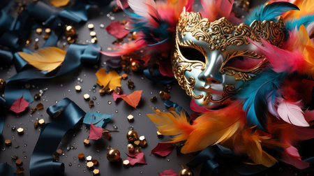 Elegance and Mystery: A Venetian Masquerade with Luxurious Golden Mask and Exquisite Floral Embellishmentsの素材