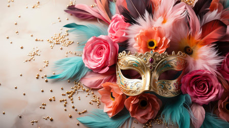 Elegance and Mystery: A Venetian Masquerade with Luxurious Golden Mask and Exquisite Floral Embellishmentsの素材