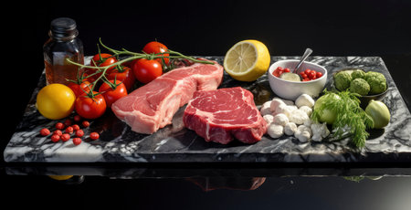 Balanced diet food background. Organic food for healthy nutrition, superfoods, meat, fish, legumes, nuts, seeds and greensの素材