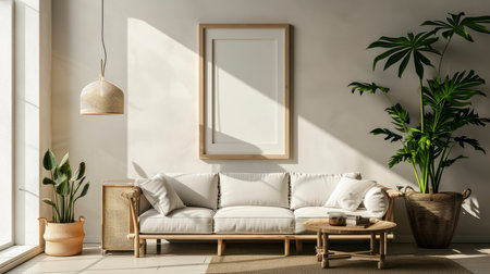 Mock up frame in home interior background, beige room with minimal decorの素材