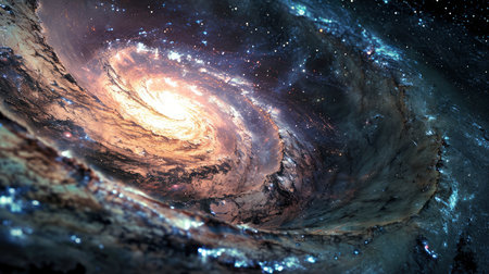 Cosmos, space and spiral universe on black background with light, pattern and color glow solar systemの素材