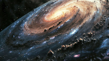 Cosmos, space and spiral universe on black background with light, pattern and color glow solar systemの素材