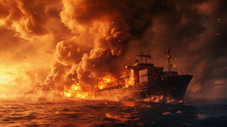 Catastrophe at Sea: The Fiery Descent of a Cargo Ship Engulfed in Flames Against a Sunset Horizonの素材