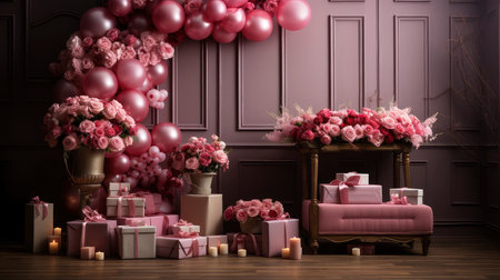 Romantic Valentine's Day Setting with Lush Rose Bouquets, Elegant Gifts, and Ambient Candlelightの素材