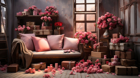 Romantic Valentine's Day Setting with Lush Rose Bouquets, Elegant Gifts, and Ambient Candlelightの素材
