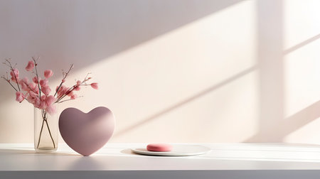 Minimalist Valentine's Day Composition with Heart-Shaped Decorations and Soft Natural Lightの素材