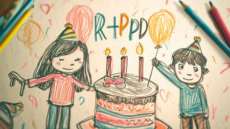 Joyful Watercolor Celebration: Children Sharing Birthday Wishes Over a Colorful Cakeの素材