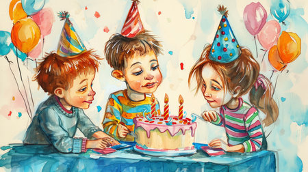 Joyful Watercolor Celebration: Children Sharing Birthday Wishes Over a Colorful Cakeの素材