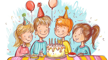 Joyful Watercolor Celebration: Children Sharing Birthday Wishes Over a Colorful Cakeの素材