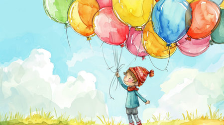 Vibrant Birthday Bliss: A Whimsical Watercolor Scene with Balloons, Cake, and Natures Magicの素材