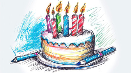 Vibrant Birthday Bliss: A Whimsical Watercolor Scene with Balloons, Cake, and Natures Magicの素材