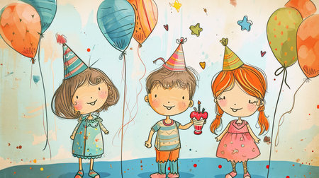 Vibrant Birthday Bliss: A Whimsical Watercolor Scene with Balloons, Cake, and Natures Magicの素材