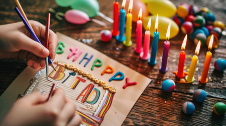 Vibrant Birthday Bliss: A Whimsical Watercolor Scene with Balloons, Cake, and Natures Magicの素材