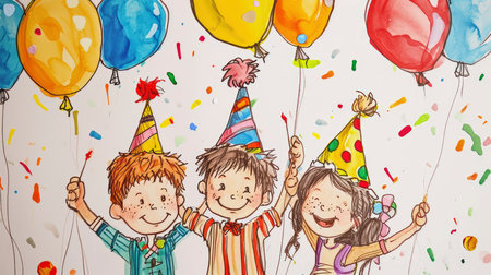 Vibrant Birthday Bliss: A Whimsical Watercolor Scene with Balloons, Cake, and Natures Magicの素材
