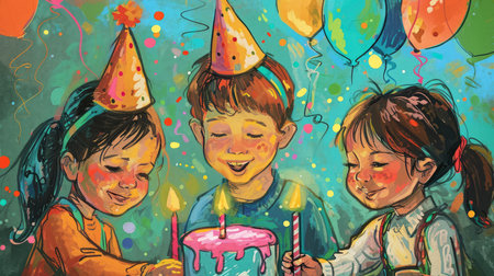 Vibrant Birthday Bliss: A Whimsical Watercolor Scene with Balloons, Cake, and Natures Magicの素材