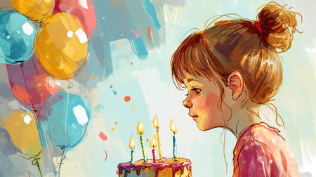 Vibrant Birthday Bliss: A Whimsical Watercolor Scene with Balloons, Cake, and Natures Magicの素材