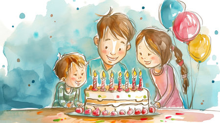 Vibrant Birthday Bliss: A Whimsical Watercolor Scene with Balloons, Cake, and Natures Magicの素材