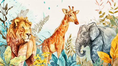 Joyful Safari Friends in a Whimsical Jungle: Playful Lion, Giraffe, Elephant, and Floraの素材