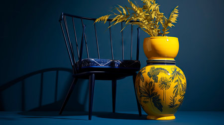 Vivid Contrasts: Lush Lemon Tree in a Sunny Yellow Pot with a Blue Stool Against a Dark Wallの素材